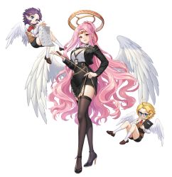 Rule 34 | 1girl, 2others, absurdres, ambiguous gender, angel, angel wings, archangel gabriel (guardian tales), artist request, choker, collared shirt, diadem, earrings, feathered wings, game cg, garter straps, guardian tales, halo, high heels, highres, id card, jacket, jewelry, lanyard, long hair, looking at viewer, multiple others, nail polish, office lady, official art, open clothes, open jacket, open mouth, pencil skirt, pink hair, red eyes, shirt, shirt tucked in, skirt, thighhighs, transparent background, white wings, wings