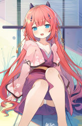 Rule 34 | 1girl, :d, blue eyes, blush, braid, commentary request, fang, feet out of frame, floral print, hair ornament, horns, jacket, japanese clothes, kamiyama shiki, kimono, knees up, leilin, long hair, long sleeves, md5 mismatch, obi, open clothes, open jacket, open mouth, panties, pink jacket, print jacket, purple kimono, red hair, resolution mismatch, sash, sitting, sleeves past wrists, smile, solo, source smaller, summer pockets, twin braids, underwear, very long hair, white panties, wide sleeves