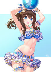 Rule 34 | 1girl, :o, alternate hairstyle, armband, armpits, arms up, artist name, ball, beachball, bikini, bikini skirt, bikini top only, blue bikini, blue bow, blue eyes, blue ribbon, blush, bow, bow bikini, bracelet, breasts, brown hair, cleavage, curly hair, frilled bikini, frilled bikini top, frills, hair between eyes, hair ribbon, hamahama, headband, heart, heart necklace, highres, holding, holding ball, idolmaster, idolmaster cinderella girls, jewelry, large breasts, long hair, looking at viewer, navel, necklace, open mouth, ponytail, ribbon, sagisawa fumika, signature, single wrist cuff, smile, solo, stomach, swimsuit, thigh strap, wrist cuffs