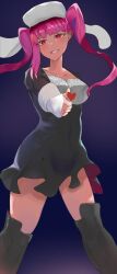 Rule 34 | 1girl, artist request, black dress, bleach, breasts, dokugamine riruka, dress, grin, heart, highres, long hair, looking at viewer, medium breasts, pink eyes, pink hair, simple background, smile, solo, standing, twintails, very long hair, white background, wide hips