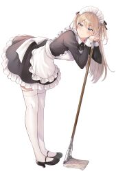 Rule 34 | 1girl, apron, back bow, bent over, black ribbon, blush, bow, broom, brown hair, e (eokiba), frown, full body, hair ribbon, high heels, highres, holding, holding broom, juliet sleeves, long sleeves, maid, maid apron, maid headdress, mary janes, original, own hands clasped, own hands together, puffy sleeves, ribbon, shoes, simple background, solo, thighhighs, two side up, white background, white bow, white thighhighs