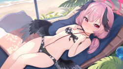 Rule 34 | 1girl, beach, beach chair, bikini, black bikini, black bow, black wings, blue archive, blush, bow, breasts, closed mouth, collarbone, commentary request, day, feathered wings, feet out of frame, floral print, front-tie bikini top, front-tie top, hair bow, halo, hands up, head wings, koharu (blue archive), koharu (swimsuit) (blue archive), long hair, looking at viewer, low twintails, low wings, lying, navel, nc731, nose blush, official alternate costume, on back, outdoors, paid reward available, pink eyes, pink hair, pink halo, print bikini, sand, small breasts, solo, spaghetti strap, swimsuit, twintails, wings