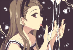 Rule 34 | 00s, 1girl, black ribbon, bow, brown background, brown eyes, brown hair, cum, cum on hands, cum string, cupping hands, dripping, eyelashes, frills, from side, gokkun, hair ribbon, hairband, hamayumiba sou, idolmaster, idolmaster (classic), idolmaster 1, long hair, looking at viewer, minase iori, off shoulder, own hands together, profile, purple eyes, ribbon, solo, tongue, tongue out, upper body