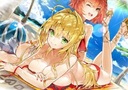 Rule 34 | 2girls, ;d, absurdres, ahoge, alternate costume, ass, beach, bikini, bird, blonde hair, blue sky, braid, breasts, brown footwear, butt crack, closed mouth, cloud, commentary request, cross-laced footwear, day, dutch angle, fate/grand order, fate (series), fujimaru ritsuka (female), glint, green eyes, hair between eyes, hair intakes, hair ribbon, heart, high heels, highres, horizon, huge filesize, kou mashiro, large breasts, legs up, lens flare, long hair, looking at viewer, lying, multiple girls, nero claudius (fate), nero claudius (fate) (all), nero claudius (swimsuit caster) (fate), on stomach, one eye closed, open mouth, outdoors, red bikini, red hair, red ribbon, ribbon, round teeth, sand writing, sandals, side braid, sidelocks, sitting, sky, smile, striped bikini, striped clothes, swimsuit, teeth, untied bikini, upper teeth only, very long hair, yellow eyes