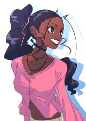 Rule 34 | 1girl, absurdres, antenna hair, black choker, black eyes, black hair, breasts, bright pupils, cardigan, choker, collarbone, dark-skinned female, dark skin, drop shadow, earrings, hair behind ear, highres, jewelry, love sickubus, medium breasts, midriff, navel, necklace, parted lips, pink cardigan, ponytail, saredd, smile, solo, sophia kiss, white pupils