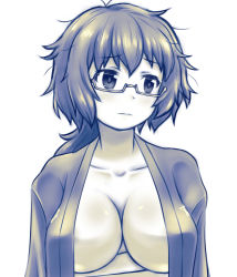 Rule 34 | 1girl, blush, breasts, closed mouth, collarbone, crossed arms, girls und panzer, glasses, highres, kusaba (kusabashiki), large breasts, monochrome, no bra, oryou (girls und panzer), short hair, simple background, solo, upper body