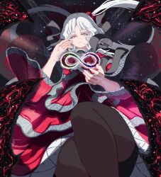 Rule 34 | 1girl, akatsuki records, black pantyhose, commentary request, dress, expressionless, frilled dress, frills, grey eyes, grey hair, hair bobbles, hair ornament, infinity symbol, long hair, looking at viewer, multiple wings, nukekip, pantyhose, pixel art, red dress, shinki (touhou), side ponytail, sitting, solo, starry sky print, textless version, touhou, touhou (pc-98), wide sleeves, wings