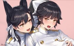 Rule 34 | 2girls, animal ears, atago (azur lane), azur lane, black hair, blush, bow, grabbing another&#039;s breast, breasts, brown eyes, buttons, cuboon, epaulettes, extra ears, fangs, frown, grabbing, grabbing from behind, hair between eyes, hair bow, hair flaps, hair ribbon, large breasts, long hair, looking at another, military, military uniform, mole, mole under eye, multiple girls, open mouth, ponytail, ribbon, simple background, smile, swept bangs, takao (azur lane), twitter username, uniform, very long hair, white bow, white ribbon