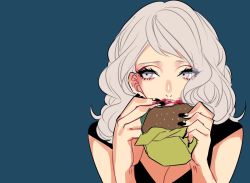 Rule 34 | 1girl, bad id, bad twitter id, black nails, blue background, breasts, burger, cleavage, fake nails, food, grey eyes, grey hair, hohehohe, lipstick, long hair, makeup, nail polish, original, parted lips, simple background, smeared lipstick, solo, wrapper