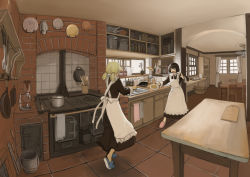 Rule 34 | 2girls, apron, black hair, blonde hair, cutting board, food, frying pan, highres, indoors, kitchen, maid, maid apron, monono fumeme, multiple girls, original, pancake, plate, pot, slippers, spatula, stove, table, twintails