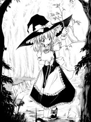 Rule 34 | 1girl, aozora market, bow, dress, female focus, greyscale, hat, kirisame marisa, monochrome, solo, touhou, walking, witch, witch hat