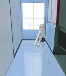 Rule 34 | 1girl, hallway, indoors, original, reflection, reflective floor, short hair, solo, white hair, window