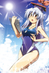 Rule 34 | 1girl, blue hair, competition swimsuit, female focus, hat, kamishirasawa keine, kousei (public planet), long hair, one-piece swimsuit, publicplanet, red eyes, solo, swimsuit, touhou, whistle