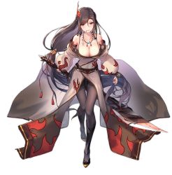 Rule 34 | 1girl, ark order, artist name, bare shoulders, black hair, black pantyhose, breasts, cleavage, collarbone, earrings, eyebrows, hair ornament, holding, holding weapon, jewelry, large breasts, long hair, looking at viewer, low-tied long hair, necklace, official art, pantyhose, red eyes, shoes, signature, solo, straight hair, tachi-e, tattoo, transparent background, very long hair, weapon, you ni ge shaobing, zhurong (ark order)