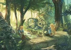 Rule 34 | 1boy, 1girl, absurdres, against tree, black pants, blonde hair, boots, bridge, brown footwear, closed eyes, commentary request, crossed arms, eating, fingerless gloves, forest, gloves, guardian (zelda), highres, huge filesize, link, long hair, nature, nintendo, outdoors, pants, pointy ears, princess zelda, shield, shield on back, sitting, sophie usui, stream, sword, the legend of zelda, the legend of zelda: breath of the wild, tree, tunic, weapon