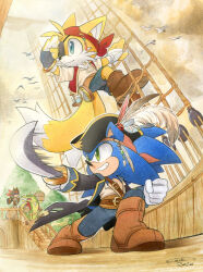 Rule 34 | 4boys, alternate costume, belt, bird, boots, brown belt, brown footwear, charmy bee, dated, eyepatch, feathers, finik, furry, furry male, highres, holding, holding sword, holding weapon, multiple boys, pirate costume, seagull, signature, sonic (series), sonic the hedgehog, sword, tails (sonic), vector the crocodile, weapon