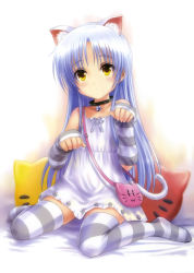 Rule 34 | 10s, 1girl, absurdres, angel beats!, animal ears, arm warmers, bag, bell, blue hair, blush, bow, cat ears, cat girl, cat tail, collar, dress, female focus, flat chest, goto p, handbag, highres, jingle bell, kemonomimi mode, long hair, looking at viewer, neck bell, no shoes, paw pose, paw print, pillow, sitting, sleeves past wrists, solo, straight hair, striped clothes, striped thighhighs, tail, tenshi (angel beats!), thighhighs, very long hair, wariza, yellow eyes, zettai ryouiki