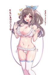 Rule 34 | 1girl, :d, bare arms, bare shoulders, blue bow, blush, bouncing breasts, bow, bra, breasts, brown hair, cameltoe, cleavage, collarbone, frilled bra, frilled panties, frills, groin, hair bow, half updo, hanauna, hands up, heart, highres, holding, idolmaster, idolmaster shiny colors, jump rope, jumping, knees together feet apart, large breasts, long hair, looking at viewer, motion lines, navel, open mouth, panties, parted bangs, pink eyes, shiny skin, side-tie panties, sidelocks, simple background, smile, solo, sparkle, stomach, talking, tareme, thigh gap, thighhighs, translated, tsukioka kogane, underwear, white background, white bra, white panties, white thighhighs
