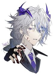 Rule 34 | 1boy, arknights, black gloves, black jacket, blood, blood on face, blood on hands, blue hair, character name, commentary request, cropped torso, dragon boy, dragon horns, fingerless gloves, frown, gloves, grey hair, highres, horns, jacket, kamiki hukenoshi, light blue hair, long hair, looking at viewer, male focus, multicolored hair, necktie, portrait, purple eyes, purple necktie, puzzle (arknights), simple background, solo, streaked hair, upper body, white background