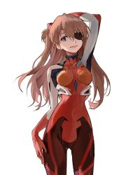 Rule 34 | 1girl, arm over head, blue eyes, bodysuit, breasts, commentary, covered navel, cowboy shot, dango (uni 520), eyepatch, hair between eyes, hand on own hip, highres, interface headset, long hair, looking at viewer, medium breasts, neon genesis evangelion, one eye covered, open mouth, orange hair, plugsuit, rebuild of evangelion, red bodysuit, simple background, skin tight, smile, solo, souryuu asuka langley, white background