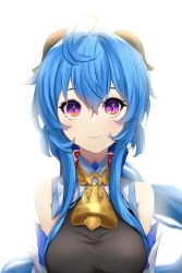 Rule 34 | 1girl, ahoge, bare shoulders, bell, blue hair, blush, bow, breasts, detached sleeves, ganyu (genshin impact), genshin impact, highres, horns, long hair, looking at viewer, low ponytail, medium breasts, neck bell, purple eyes, sidelocks, smile, solo, ulularts, upper body, white background