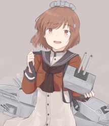 Rule 34 | 1girl, adapted turret, brown eyes, brown hair, brown neckerchief, cannon, cowboy shot, dress, grey background, grey sailor collar, hair ornament, hairclip, headgear, hikashima (shiofune), kantai collection, machinery, neckerchief, open mouth, red shirt, sailor collar, sailor shirt, shirt, short hair, simple background, solo, tan yang (kancolle), turret, white dress, yukikaze (kancolle)