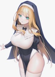 Rule 34 | 1girl, absurdres, aqua eyes, aya (lezon), black bow, black bowtie, blonde hair, blunt bangs, bow, bowtie, breasts, covered navel, frilled shirt collar, frills, habit, highres, juliet sleeves, large breasts, long hair, long sleeves, looking at viewer, nun, original, puffy sleeves, solo, thighhighs, thighs, very long hair, white thighhighs, wing collar