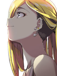 Rule 34 | 1girl, bare shoulders, blonde hair, brown eyes, collarbone, ear piercing, earrings, from side, fujimoto rina, haruichi (komikal), idolmaster, idolmaster cinderella girls, idolmaster cinderella girls starlight stage, jewelry, long hair, looking at another, piercing, portrait, shirt, simple background, smile, solo, white background