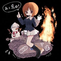 Rule 34 | 1girl, black background, black footwear, boots, brown eyes, brown hair, fire, flag, flying sweatdrops, girls und panzer, highres, long sleeves, military vehicle, motor vehicle, nishizumi miho, ooarai military uniform, ri (qrcode), short hair, simple background, sitting, skirt, snowman, solo, speech bubble, tank, translation request, white flag, white skirt