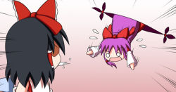 Rule 34 | 2girls, black hair, bow, chibi, commentary request, commission, detached sleeves, dual persona, emphasis lines, falling, flying sweatdrops, gap (touhou), hair bow, hair tubes, hakurei reimu, hakurei reimu (pc-98), long hair, looking at another, motion lines, multiple girls, o o, pink background, pixiv commission, purple hair, rakugaki-biyori, short hair, sidelocks, simple background, spit take, spitting, touhou, touhou (pc-98), very long hair