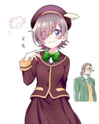 Rule 34 | 2boys, alternate costume, arm behind back, blue eyes, blush, bow, bowtie, brown headwear, brown sailor collar, brown skirt, brown vest, cerfeuil (precure), closed mouth, crossdressing, delicious party precure, fennel (precure), green bow, green bowtie, hair between eyes, hair over one eye, hat, highres, kyoutsuugengo, multiple boys, precure, sailor collar, school uniform, shinsen middle school uniform, simple background, skirt, solo focus, sweatdrop, trap, vest, white background