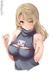 Rule 34 | 1girl, ;), bare shoulders, between breasts, blonde hair, blush, breasts, cleavage cutout, clothing cutout, ebifurya, grey sweater, highres, houston (kancolle), kantai collection, long hair, looking at viewer, medium breasts, one eye closed, simple background, sleeveless, sleeveless sweater, smile, solo, sweater, turtleneck, turtleneck sweater, twitter username, upper body, white background, yellow eyes