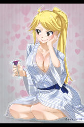 Rule 34 | 1girl, ahoge, anna heartfilia, artist name, blonde hair, blush, breasts, brown eyes, cleavage, closed mouth, collarbone, fairy tail, gaston18, glass, hand on own cheek, hand on own face, hand up, happy, heart, high ponytail, highres, holding glass, japanese clothes, kimono, kneeling, large breasts, long hair, looking to the side, no bra, ponytail, sash, sitting, smile, solo, wide sleeves, yukata