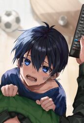 Rule 34 | 2boys, aged down, ball, black hair, blue eyes, blue lock, blue shirt, blurry, blurry background, blush, child, controller, crying, cup, father and son, green sweater vest, highres, holding, isagi issei, isagi yoichi, male focus, mukotsu8, multiple boys, open mouth, pov, remote control, shirt, soccer ball, sweater vest, table, tears, twitter username