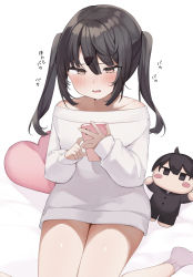 Rule 34 | 1girl, absurdres, bed sheet, black hair, blue eyes, blush, brown eyes, cellphone, commentary request, doll, hair ornament, heart, heart-shaped pillow, highres, holding, holding phone, long hair, long sleeves, no shoes, off-shoulder sweater, off shoulder, open mouth, original, phone, pillow, puffy long sleeves, puffy sleeves, shin no tenpii, simple background, sitting, smartphone, socks, solo, sweater, translation request, twintails, white background, white sweater
