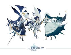 Rule 34 | 3girls, absurdres, animal ears, arknights, astesia (arknights), astesia (frlibe on the palace) (arknights), astesia (starseeker) (arknights), bare shoulders, bird, bird ears, black gloves, blue eyes, blue hair, bright pupils, character name, copyright name, dress, frilled dress, frills, from behind, from side, full body, gloves, gold trim, hair ornament, high heels, highres, holding, holding microphone stand, holding sword, holding telescope, holding weapon, leaning forward, liliyfox, long dress, long hair, looking at viewer, microphone, microphone stand, moon, multiple girls, multiple persona, official alternate costume, open mouth, smile, star (symbol), sword, teeth, telescope, upper teeth only, weapon, white gloves, white pupils, wide brim, winged sword