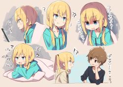Rule 34 | !?, 2girls, :d, :o, ?, absurdres, amaryllis gumi, arm support, black shirt, blonde hair, blue eyes, blue hoodie, blush, brown eyes, brown hair, brown hoodie, character request, collarbone, crossed arms, drawstring, empty eyes, eye contact, fang, hair between eyes, highres, hood, hood down, hoodie, kotohara hinari, long hair, long sleeves, looking at another, low twintails, lying, multiple girls, on stomach, open mouth, pillow, profile, shirt, sleeves past wrists, smile, tama (tama-s), translation request, twintails, under covers, virtual youtuber