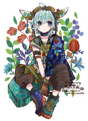 Rule 34 | 1boy, artist name, bloomminority, blue eyes, blue flower, blue hair, boots, facial mark, facing viewer, fantasy, floral background, flower, goggles, goggles on head, highres, horns, looking to the side, male focus, marking on cheek, multicolored hair, original, pink hair, purple flower, red flower, short hair, solo, steampunk, twitter username
