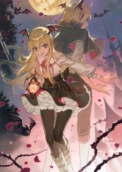 Rule 34 | 1boy, 1girl, animal, back-to-back, bat (animal), black capelet, blonde hair, blue eyes, capelet, castle, flower, flying, frills, granblue fantasy, head wings, holding, holding lantern, lantern, long hair, looking back, moon, night, night sky, open mouth, outdoors, petals, pink flower, pink rose, pointy ears, qiqu, red flower, red rose, rose, sky, smile, thorns, vampire, vampy, veight, wings, yellow moon