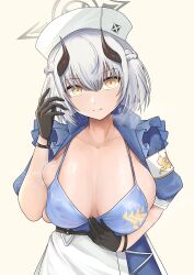 Rule 34 | 1girl, absurdres, apron, armband, belt, black gloves, blue archive, blue bra, blue dress, blush, bra, braid, breasts, cleavage, collarbone, dress, french braid, gloves, halo, hat, highres, horns, large breasts, looking at viewer, nurse, nurse cap, nuts (hazel-nuts), open clothes, puffy short sleeves, puffy sleeves, sena (blue archive), short hair, short sleeves, solo, underwear, waist apron, white apron, white hair, white hat, yellow eyes