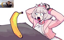 1girl banana breasts collar commentary constricted_pupils elphelt_valentine english_commentary food fruit grey_hair guilty_gear guilty_gear_strive hairband hands_on_own_head highres jacket lampopo large_breasts meme open_clothes open_jacket open_mouth photo_inset pink_jacket short_hair sitting spiked_collar spiked_hairband spikes