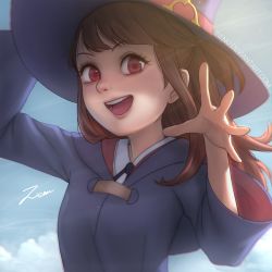 Rule 34 | 1girl, :d, arms up, artist name, black ribbon, blue sky, brown hair, chromatic aberration, cloud, collared shirt, deviantart username, dress, hat, highres, hooded dress, kagari atsuko, little witch academia, long hair, long sleeves, looking at viewer, neck ribbon, open mouth, purple dress, purple hat, red eyes, ribbon, round teeth, shirt, shirt under dress, signature, sky, smile, solo, spread fingers, teeth, watermark, web address, white shirt, wide sleeves, witch, witch hat, zienu