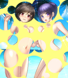 Rule 34 | 2girls, black hair, blue eyes, blue hair, blush, breasts, bubble filter, censored, cleavage, cloud, convenient censoring, day, highres, interlocked fingers, km (nijie104352), large breasts, looking at viewer, multiple girls, navel, nude, open mouth, original, outdoors, red eyes, revealing layer, short hair, sky, sparkle, tree, water