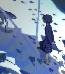 Rule 34 | 1girl, absurdres, arms behind back, expressionless, fish, full body, hair ornament, hairclip, highres, jacket, looking at another, nobiu0112, original, profile, school uniform, shoes, short hair, sketch, skirt, stairs, surreal, uwabaki