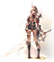 Rule 34 | 1girl, arm guards, armor, asymmetrical legwear, black pantyhose, blonde hair, bodysuit, boots, breasts, character name, elf, fantasy, feathers, green eyes, hair between eyes, hair ornament, holding, holding sword, holding weapon, large breasts, looking at viewer, original, pantyhose, pixiv fantasia, pixiv fantasia t, pointy ears, ponytail, shoulder pads, skin tight, sleeveless, solo, standing, sword, thigh strap, uneven legwear, weapon, white background, windforcelan