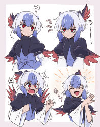Rule 34 | 1girl, bird wings, blue hair, blush, clenched hand, closed eyes, closed mouth, dress, happy, head wings, horns, long sleeves, multicolored hair, red eyes, red wings, shio (futatsumami), short hair, single head wing, smile, solo, tokiko (touhou), touhou, two-tone hair, white hair, wide sleeves, wings