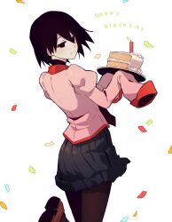 Rule 34 | 1girl, birthday, black eyes, black hair, black pantyhose, black skirt, black undershirt, bob cut, brown footwear, cake, candle, commentary, confetti, dress shirt, empty eyes, english commentary, floating hair, food, foot up, highres, holding, holding cake, holding food, holding tray, light blush, loafers, looking at viewer, looking back, monogatari (series), naoetsu high school uniform, nifffi, oshino ougi, pale skin, pantyhose, pink shirt, pleated skirt, puffy sleeves, school uniform, shirt, shoes, short hair, simple background, skirt, sleeves past fingers, sleeves past wrists, smile, solo, tray, turtleneck, white background, wind