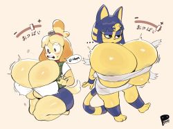 Rule 34 | ..., 2girls, animal crossing, animal ears, ankha (animal crossing), bandaged arm, bandaged leg, bandages, blush, breast expansion, breasts, cleavage, clothes, english text, furry, furry female, gigantic breasts, highres, isabelle (animal crossing), japanese text, looking at viewer, medium hair, multiple girls, nintendo, open mouth, peculiart, ponytail, speech bubble, surprised