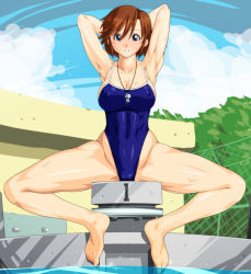 Rule 34 | 1girl, arms behind head, barefoot, blue eyes, blue sky, breasts, brown eyes, chain-link fence, cleavage, cloud, day, fence, highleg, highleg swimsuit, houin kyouko, kodomo no jikan, large breasts, looking at viewer, outdoors, qkat (arikawa-dou), short hair, sitting, sky, solo, starting block, swimsuit, water, whistle, whistle around neck