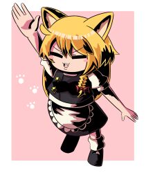 Rule 34 | 1girl, :3, absurdres, animal ears, apron, arm up, black footwear, black skirt, blonde hair, bow, braid, commentary request, cookie (touhou), fox ears, frilled apron, frills, full body, hair bow, hat, highres, kemonomimi mode, kirisame marisa, long hair, mary janes, medium bangs, open mouth, paw print, pink background, puffy short sleeves, puffy sleeves, red bow, shirt, shoes, short sleeves, side braid, simple background, single braid, skirt, skirt set, smile, socks, solo, standing, sticker, suzu (cookie), sznkrs, touhou, two-tone background, v-shaped eyebrows, waist apron, white apron, white background, white shirt, white socks, witch hat